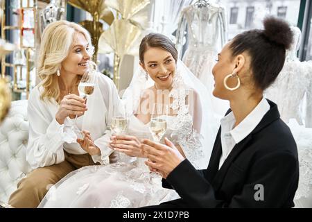 Une jeune mariée brune dans une robe de mariée est assise à côté de sa mère blonde d'âge moyen et amie dans un salon de mariée. Banque D'Images