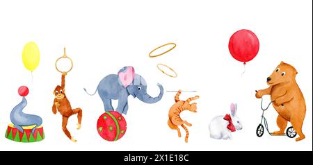 Aquarelle frontière sans couture avec des animaux de cirque : éléphant, lapin, ours, chat, singe et phoque avec des anneaux, des ballons sur fond blanc. Banque D'Images