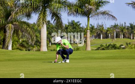 Golfeur sur le green avec un putter dans ses mains. Un joueur sur le green évalue les pentes et la distance par rapport au trou avant de viser la balle vers t Banque D'Images