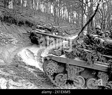 Légende originale : les chars américains, qui font partie de la nouvelle offensive alliée, montent à l'avant sur une étroite route boueuse dans la forêt de Hurtgen. Allemagne, 11/18/44. 803e Bn, 3e ARMD Div, au sud-ouest de Duran, Allemagne. Banque D'Images