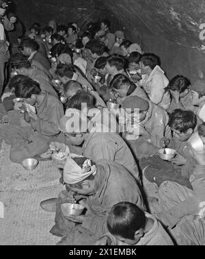 Les guérilleros communistes et leurs familles, capturés et descendus du mont Chirisan, par des éléments de la Division du Capitole de la République de Corée, sont nourris dans la palissade de prisonniers de guerre, Kurije, Corée CA. Decmeber 1951 Banque D'Images