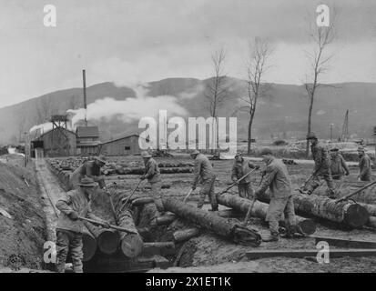 Soldats chargeant des bûches sur la voiture montrant la scierie au loin. Hommes de la 43e compagnie, 20e ingénieurs. Exploitation d'une usine forestière, district d'Epinal, Vagney, Vosges, France CA. 1918 Banque D'Images