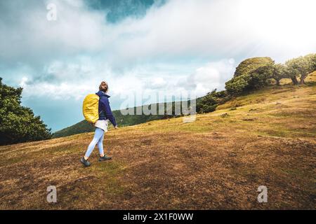 Description : Backpacker en vêtements imperméables se promène le long d'une colline herbeuse avec des arbres larvés en arrière-plan surplombant la mer. Forêt de Fanal, Madère Banque D'Images