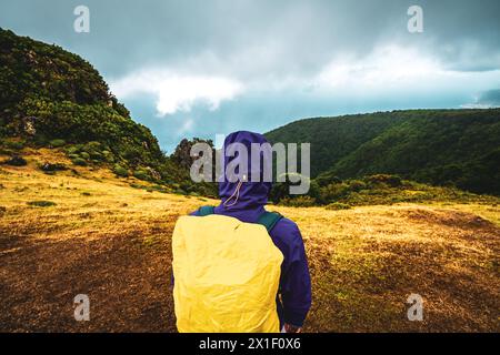 Description : vue arrière d'une femme routard dans des vêtements imperméables regardant la mer d'un sommet de montagne herbeux. Forêt de Fanal, île de Madère, Portugal Banque D'Images