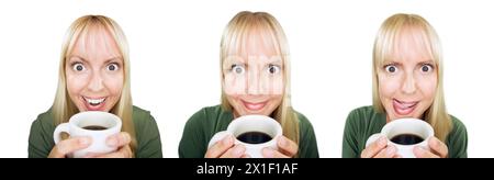 Funny Faced Woman profite d'Une tasse de café ensemble de trois isolés sur blanc. Banque D'Images