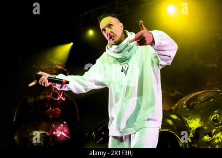 Watkin Tudor Jones alias Ninja du groupe de hip-hop alternatif sud-africain Die Antwoord se produit en concert à Alcatraz à Milan, en Italie, le 16 avril 2024 Banque D'Images