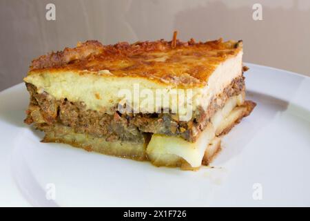 Laissez-vous tenter par la riche tradition culinaire de la Méditerranée avec cette assiette alléchante de moussaka. Couches d'aubergines tendres, viande hachée salée, et c Banque D'Images