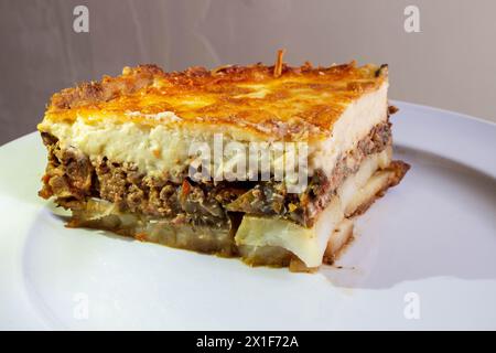 Laissez-vous tenter par la riche tradition culinaire de la Méditerranée avec cette assiette alléchante de moussaka. Couches d'aubergines tendres, viande hachée salée, et c Banque D'Images