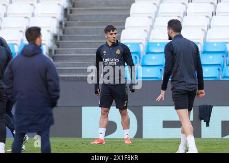 Manchester, Royaume-Uni. 16 avril 2024. Brahim Diaz du Real Madrid CF en action lors de la séance d'entraînement à la veille du match de deuxième match quart de finale de l'UEFA Champions League 2023/2024 entre Manchester City et le Real Madrid CF au stade Etihad. (Photo de Federico Titone/ SOPA images/SIPA USA) crédit : SIPA USA/Alamy Live News Banque D'Images