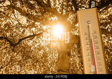 Thermomètre indiquant la température à l'extérieur, le temps chaud de l'été Banque D'Images