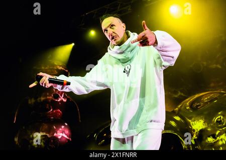 Milan, Italie. 16 avril 2024. Watkin Tudor Jones alias Ninja du groupe de hip-hop alternatif sud-africain Die Antwoord se produit en live à Alcatraz à Milan. Crédit : SOPA images Limited/Alamy Live News Banque D'Images