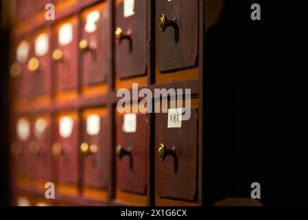 Gros plan de l'armoire de médecine à base de plantes dans le dispensaire de médecine traditionnelle chinoise Banque D'Images