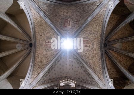 Plafond peint de l'intérieur de la Cathédrale de Lausanne, imposante cathédrale gothique du XIIe siècle dédiée au religio chrétien protestant Banque D'Images