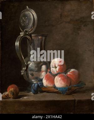 Jean Baptiste Siméon Chardin, nature morte avec pot en étain et pêches, peinture à l'huile sur toile, vers 1728 Banque D'Images