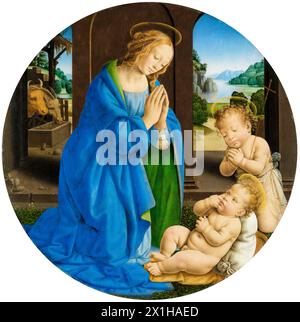 Lorenzo di Credi, Marie adorant l'enfant avec l'enfant Saint Jean Baptiste, peinture en techniques mixtes sur bois de peuplier, vers 1480 Banque D'Images