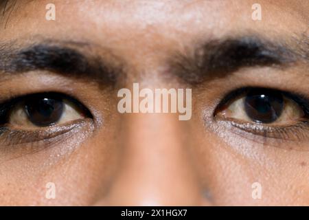 Portrait en gros plan d'un homme aux traits asiatiques, mettant en valeur ses yeux bruns chauds. Banque D'Images