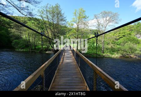 Parc national de Thayatal - le parc national de Thayatal forme une grande zone protégée transfrontalière avec le parc tchèque Narodní adjacent Podyjí, qui conserve l'un des derniers paysages naturels de vallée d'Europe centrale. Photo prise à Hardegg, Autriche, le 9 mai 2023. Pont suspendu - 20230509 PD19513 - Rechteinfo : droits gérés (RM) Banque D'Images