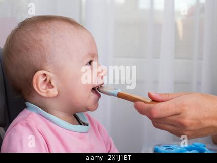 La main d'une mère avec une cuillère et de la bouillie de sarrasin nourrit un bébé garçon âgé d'un an. Nutrition de l'enfant à un âge précoce. Aliment santé pour bébés. Copier Banque D'Images