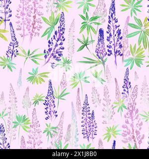 Fleurs de lupin et feuilles dans le motif floral sans couture dans la technique d'impression sur fond rose. Ce motif peut être utilisé pour l'impression sur des textiles Banque D'Images