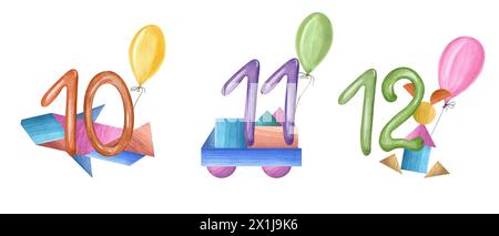 Numéros de 10 à 12 avec des jouets en bois pour enfants et des ballons de couleurs. Train en bois, voiture, ballon décoré d'animaux et numéro. Illustration aquarelle Banque D'Images