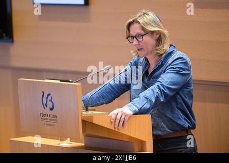 Bruxelles, Belgique. 17 avril 2024. Mathilde Vandorpe des engage est vue lors d'une session plénière de la Fédération Wallonie-Bruxelles parlement (Fédération Wallonie-Bruxelles - Federatie Wallonie-Brussel), à Bruxelles, le mercredi 17 avril 2024. BELGA PHOTO JONAS ROOSENS crédit : Belga News Agency/Alamy Live News Banque D'Images