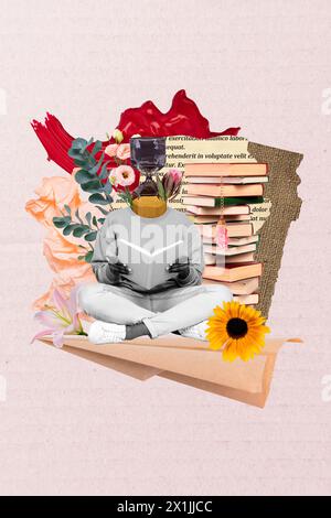 Image de collage vertical de couleurs blanches noires mini fille assis grand avion de papier lire pile pile pile livre sable horloge à la place de fleurs fraîches tête Banque D'Images