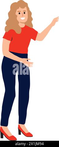 Une femme aux cheveux bruns vêtue de rouge et bleu avec une main levée sur un fond blanc Illustration de Vecteur