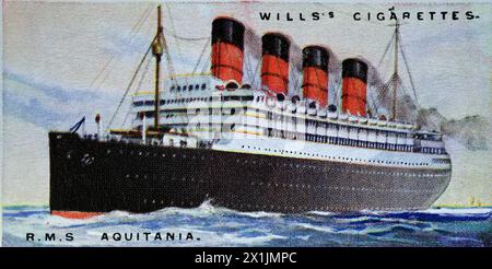 R.M.S Aquitania de la Cunard Line, un paquebot transatlantique de transport de passagers décrit par Lord Northcliffe comme le navire merveille du monde. Une des cinquante cartes à cigarettes produites en 1924 sous le titre Merchant Ships of the World. Produit par W.D. et H.O. Wills de Bristol et Londres, une filiale de Imperial Tobacco Company of Great Britain and Ireland Limited. Banque D'Images