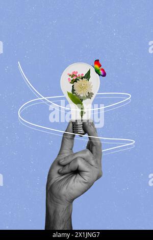 Collage photo vertical de mains tenir l'ampoule à l'intérieur de fleurs bouquet papillon conservation de l'environnement isolé sur fond peint Banque D'Images