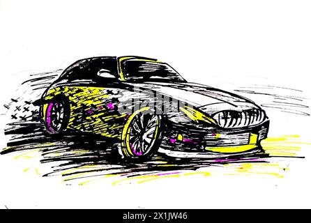 illustration à l'encre noire dessinée à la main d'une voiture de vitesse. Imprimer sur un T-shirt, vêtements, etc Banque D'Images