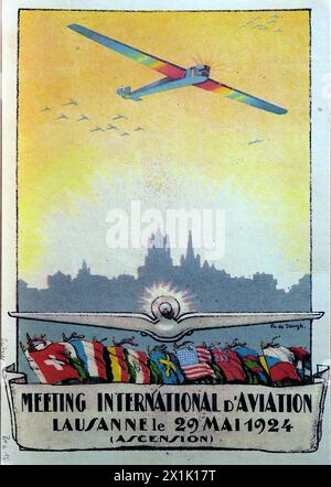 Une carte pour le Meeting International d’Aviation, Lausanne le 29 mai 1924. Voler en était encore à ses débuts mais les spectacles aériens internationaux, comme celui-ci en Suisse, devenaient populaires. Banque D'Images