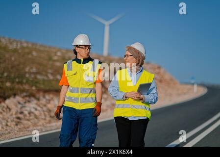 Une ingénieure avec une tablette et son collègue inspectent les éoliennes dans un champ, démontrant le travail d’équipe et le dévouement aux projets d’énergie renouvelable Banque D'Images