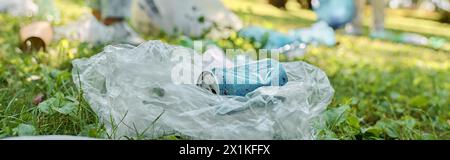 Une canette de soda repose sur un sac en plastique dans l'herbe luxuriante d'un parc, contrastant avec la toile de fond verte. Banque D'Images