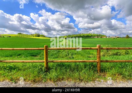 Vue sur les terres agricoles semées de blé d'hiver et de nuages de pluie Stratocumulus - centre de la France. Banque D'Images