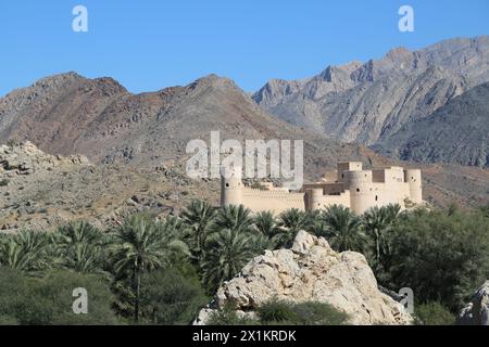 Dattes devant un fort, Fort de Nakhal, Oman Banque D'Images