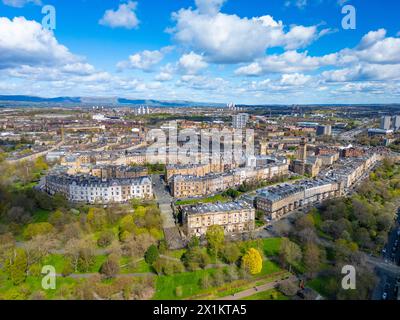 Vue aérienne de l'affluent Park District, avec Park Terrace et Park Circus à Glasgow West End, Écosse, Royaume-Uni Banque D'Images