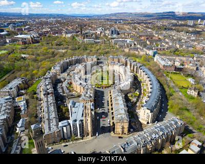 Vue aérienne de l'affluent Park District, avec Park Terrace et Park Circus à Glasgow West End, Écosse, Royaume-Uni Banque D'Images