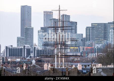 Vue du mât du Cutty Sark à Greenwich, Londres, Royaume-Uni Banque D'Images