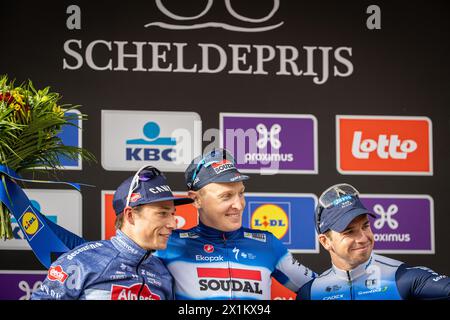 ZScheldeprijs, Belgique. Soudal Quick - Tim Merlier de Step célèbre sa victoire à Scheldeprijs, Terneuzen à Schoten le 3 avril 2024 crédit : Nick Phipps Banque D'Images