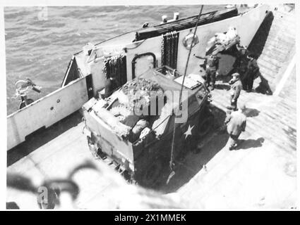 ALLIED FORCES DURING THE NORMANDY LANDINGS JUNE 1944 - A Morris Commercial C8 Quad artillery tractor of 127th Field Regiment, Royal Artillery, 51st Highland Divsion, ready to disembark from a landing craff off Bernieres-sur-Mer, Juno area, Normandy, 7 June 1944, Stock Photo