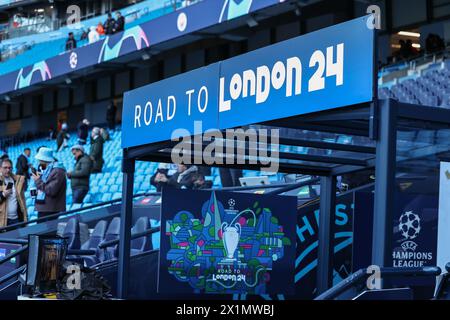 Manchester, Royaume-Uni. 17 avril 2024. Route vers Londres 2024 lors de la finale du quart de finale de l'UEFA Champions League Manchester City vs Real Madrid au stade Etihad, Manchester, Royaume-Uni, le 17 avril 2024 (photo Mark Cosgrove/News images) à Manchester, Royaume-Uni, le 17/04/2024. (Photo de Mark Cosgrove/News images/SIPA USA) crédit : SIPA USA/Alamy Live News Banque D'Images