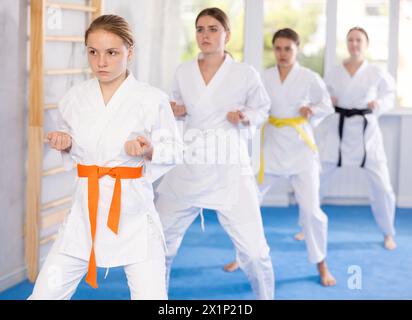 Karatéka adolescent pratiquant les coups de poing pendant le kata à l'entraînement de groupe Banque D'Images