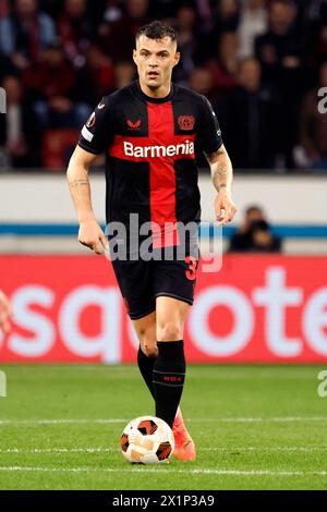 Leverkusen, Deutschland, UEFA Europa League, Bayer 04 Leverkusen : West Ham United FC 2-0 Viertelfinale, quarts de finale 11. 04. 2024 in der Bay Arena in Leverkusen granit XHAKA (LEV) Foto : Norbert Schmidt, Duesseldorf Banque D'Images