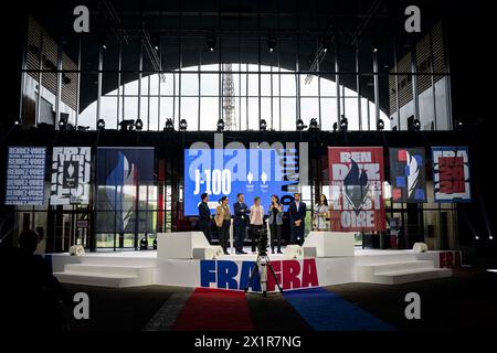 Ministre des Sports et des Jeux Olympiques et Paralympiques de France, Amélie Oudea-Castera et président du comité d'organisation des Jeux Olympiques et Paralympiques 'Paris 2024', Tony Estanguet et résident du comité national Olympique et sportif français, David Lappartient et président du comité paralympique et sportif français, Marie-Amélie le fur lors de la présentation officielle des tenues des athlètes français pour la cérémonie d'ouverture des Jeux Olympiques et Paralympiques de Paris 2024 prévue sur la Seine à Paris, France, le 26 juillet. Photo Eliot Blondet/ABACAPRESS.COM Banque D'Images