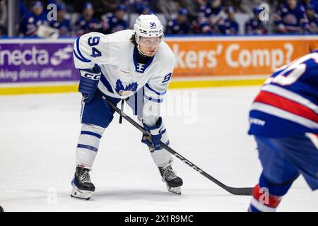 17 avril 2024 : L'attaquant des Marlies de Toronto Robert Mastrosimone (94) patine en troisième période contre les Américains de Rochester. Les Américains de Rochester ont accueilli les Marlies de Toronto dans un match de la Ligue américaine de hockey au Blue Cross Arena de Rochester, New York. (Jonathan Tenca/CSM) Banque D'Images