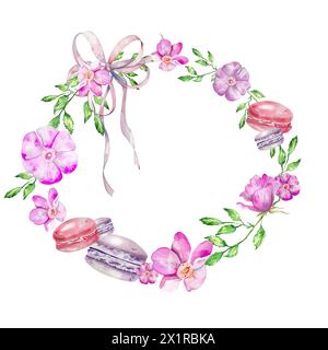 Cadre couronne rose clair fleurs de rose musquée avec feuilles et macarons roses lilas. Illustration aquarelle. pour la conception de cartes postales, menus, vitrines, poste Banque D'Images