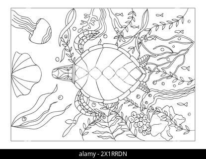 Une tortue flottante. Tortues de page à colorier, dessinées à la main pour la relaxation et le soulagement du stress. Livre de coloriage pour adultes avec doodles, élément de design zentangle Banque D'Images