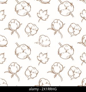 Motif sans couture de fleurs de coton. Boules de coton, illustration vectorielle de fibre de coton isolé sur fond blanc. Parfait pour le papier d'emballage ou , textile, Banque D'Images