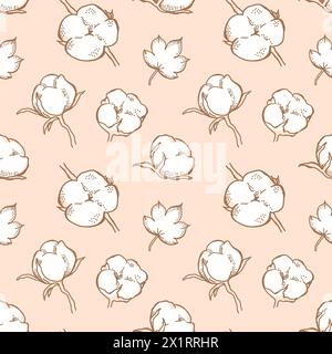 Motif sans couture de fleurs de coton. Boules de coton, illustration vectorielle de fibre de coton isolée sur fond de pêche. Parfait pour le papier d'emballage ou , textile Banque D'Images