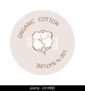 Fond de forme de cercle.étiquette horizontale avec des boules de coton sur un fond beige et l'inscription : coton biologique. La composition du logo. Banque D'Images